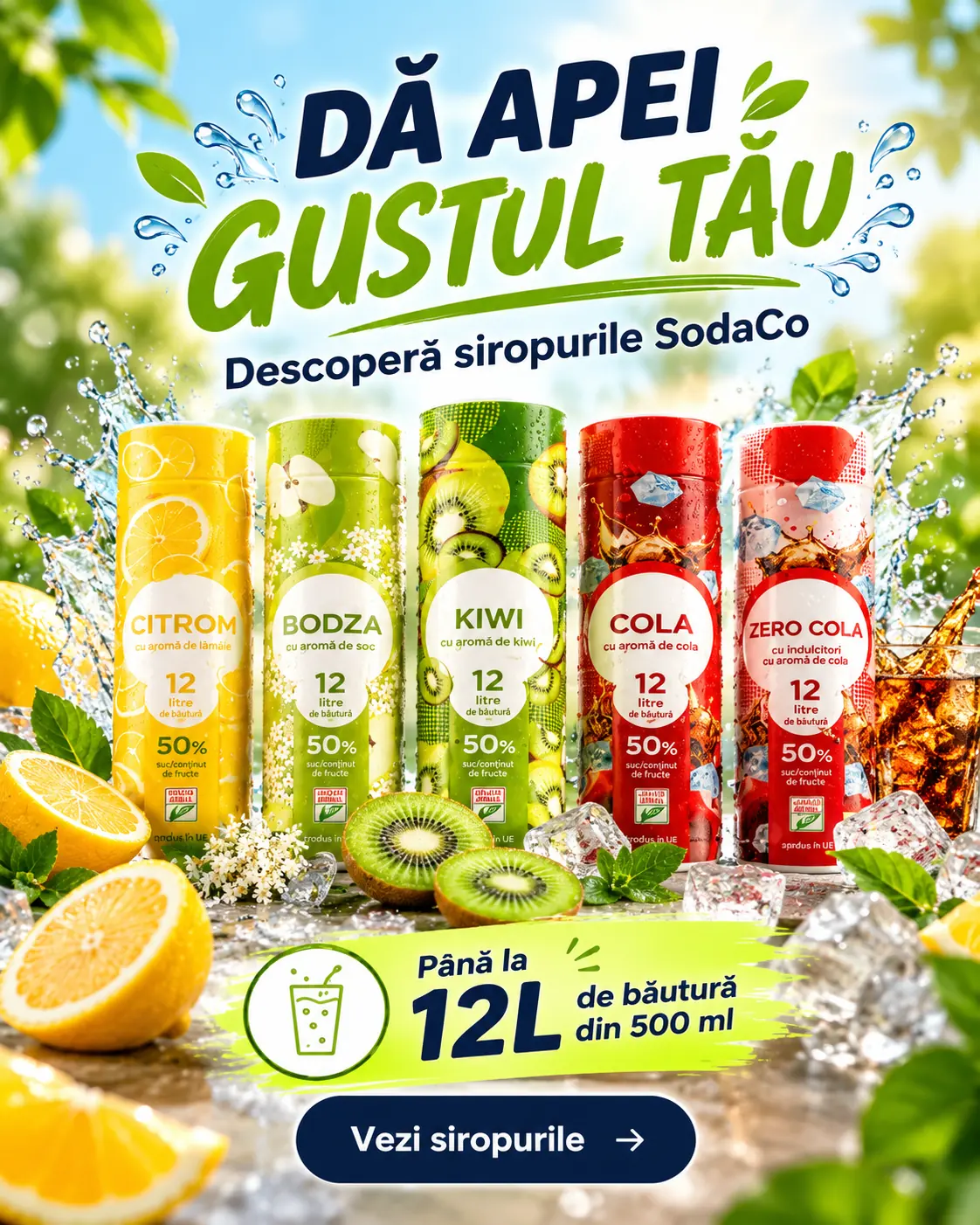 Siropurile SodaCo – Citrom, Bodza, Kiwi, Cola și Zero Cola. Până la 12 litri de băutură din 500 ml